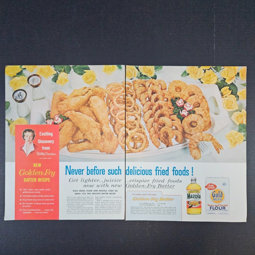 1958 Betty Crocker Golden-Fry Batter‎ Recipe Vintage Print Ad Gold Medal Mazola